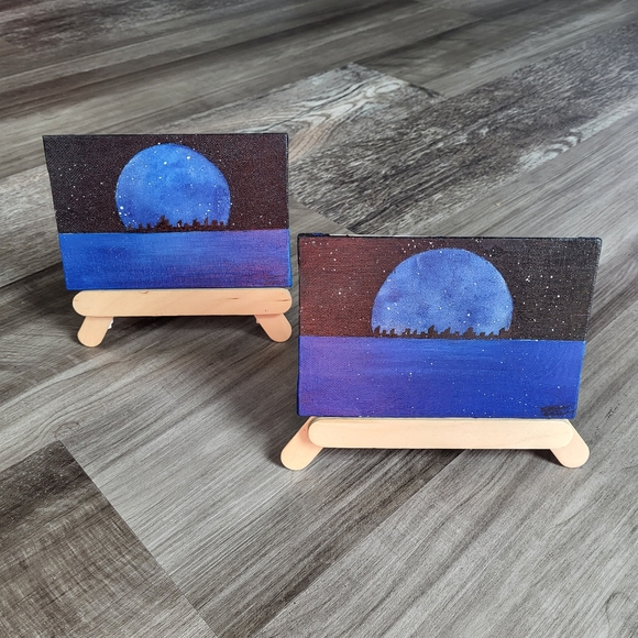 Hand Crafted Other - "Blue Moon Illumination" Paintings by Artistic Ashara - Set of 2, Perfect Gifts